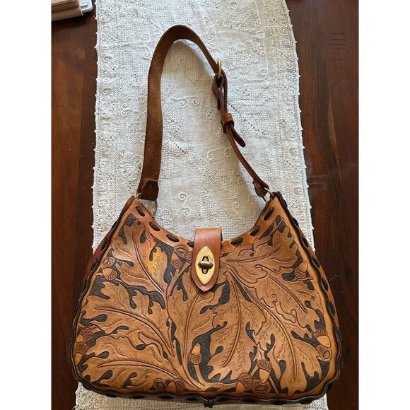 Vintage Hand Tooled Leather Saddle Shoulder Bag artisan handmade bohemian art - Picture 1 of 16